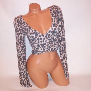 Victoria Secret Top Leopard‎ Crop Faux Wrap Super Soft Viscose Blend Long Sleeve